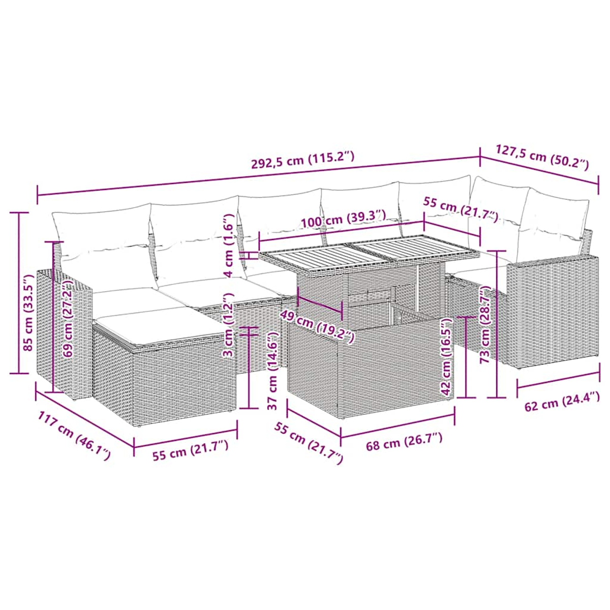 Diagrama de un sofá seccional de ratán con dimensiones. Fondo blanco. Una mesa está en el centro.