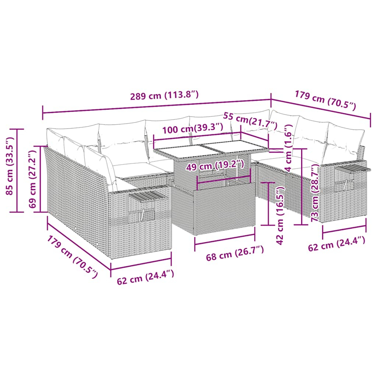 Diagramm eines Outdoor-Ecksofas aus Korbgeflecht mit Abmessungen in Zentimetern und Zoll.