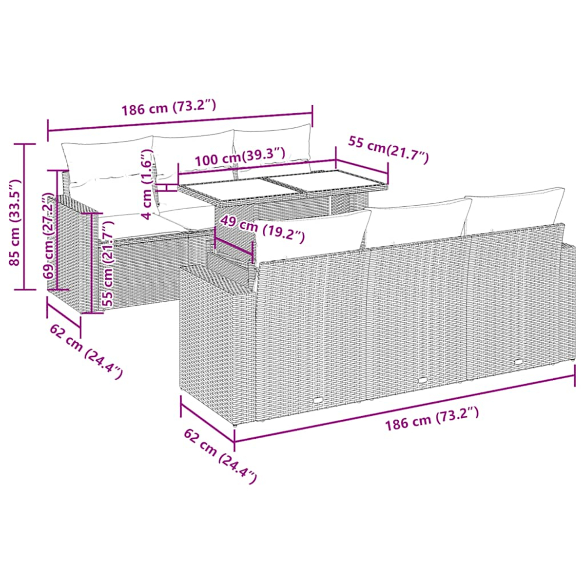 Diagramm eines Ecksofas aus Korbgeflecht mit Maßangaben in Zentimetern. Das Sofa hat einen Tisch in der Mitte.