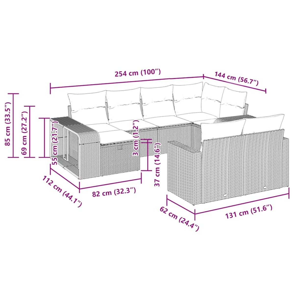 Diagramm eines Ecksofas aus Korbgeflecht mit Maßangaben in Zentimetern. Das Sofa hat einen Tisch in der Mitte.