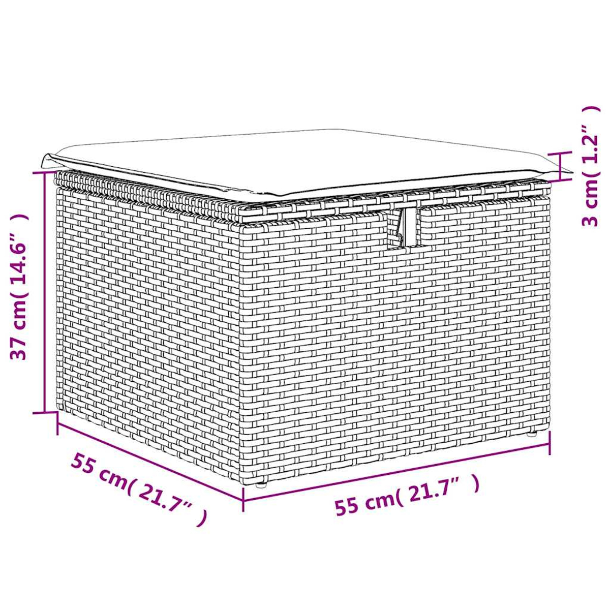 Diagramm einer Korbtruhe mit Abmessungen. Beinhaltet das Kissen und den Rahmen.
