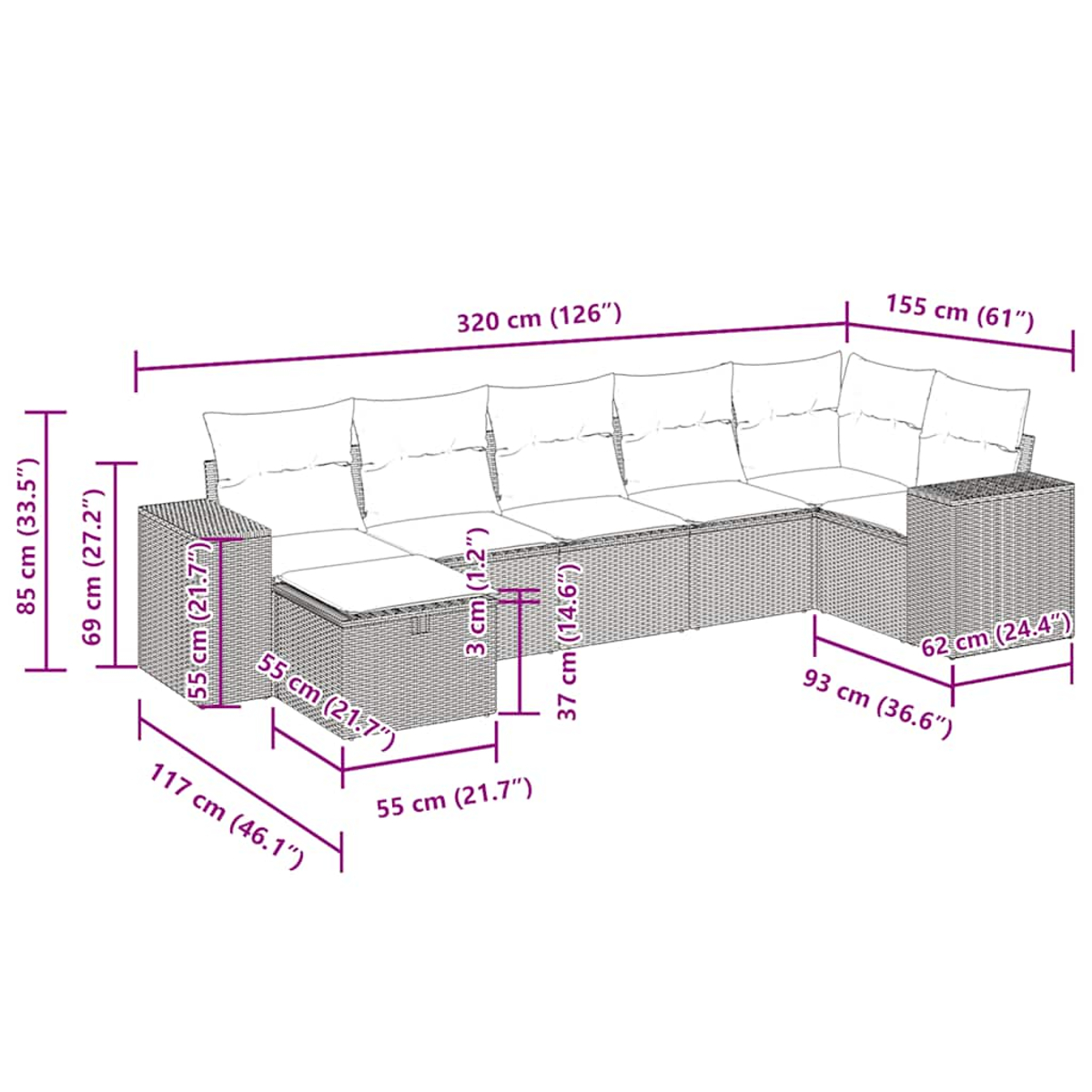 Modulares Outdoor-Sofa in Weiß mit beschrifteten Abmessungen. Weißer Hintergrund.