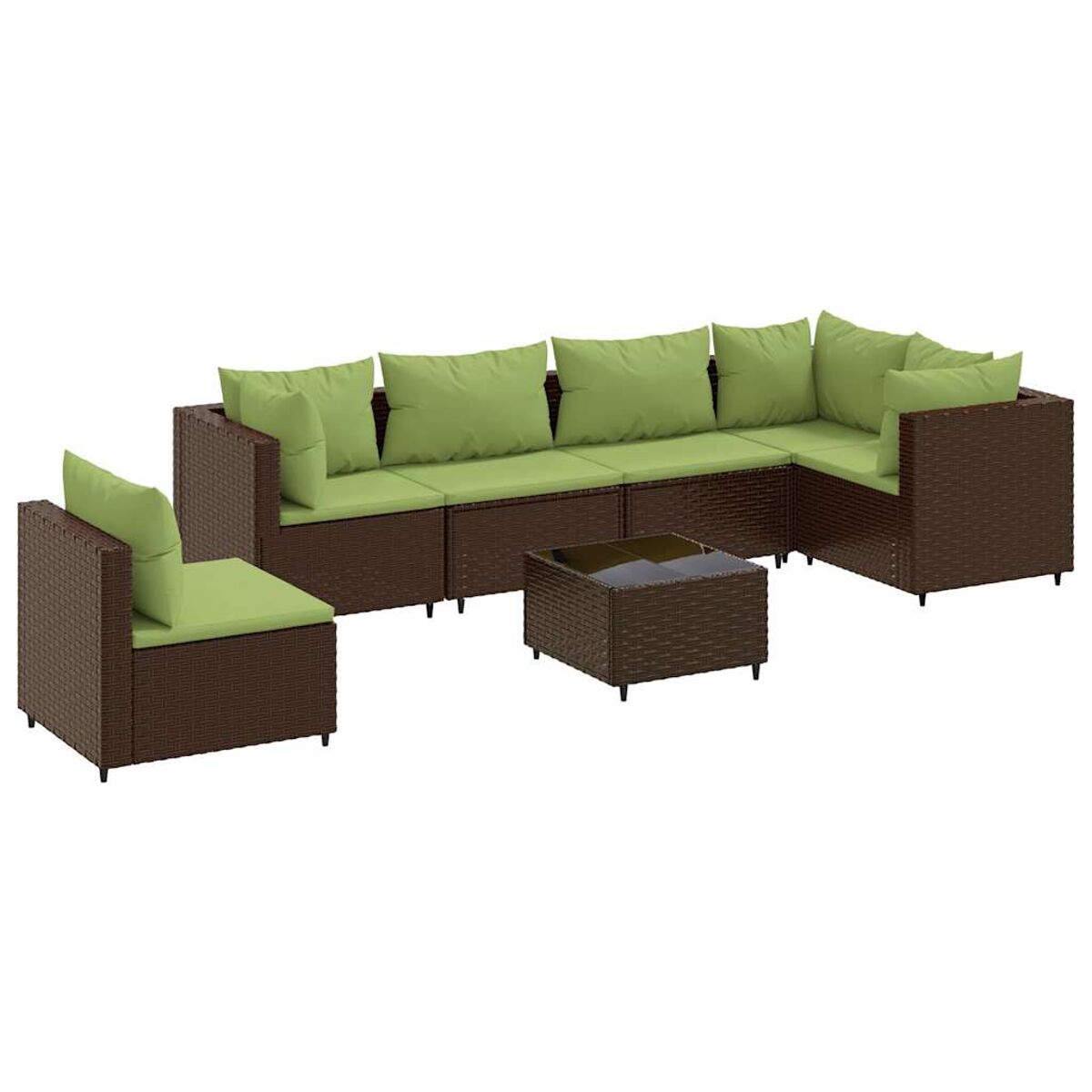 Set da patio in vimini marrone con cuscini verdi. Include divano componibile, poltrona e tavolino.