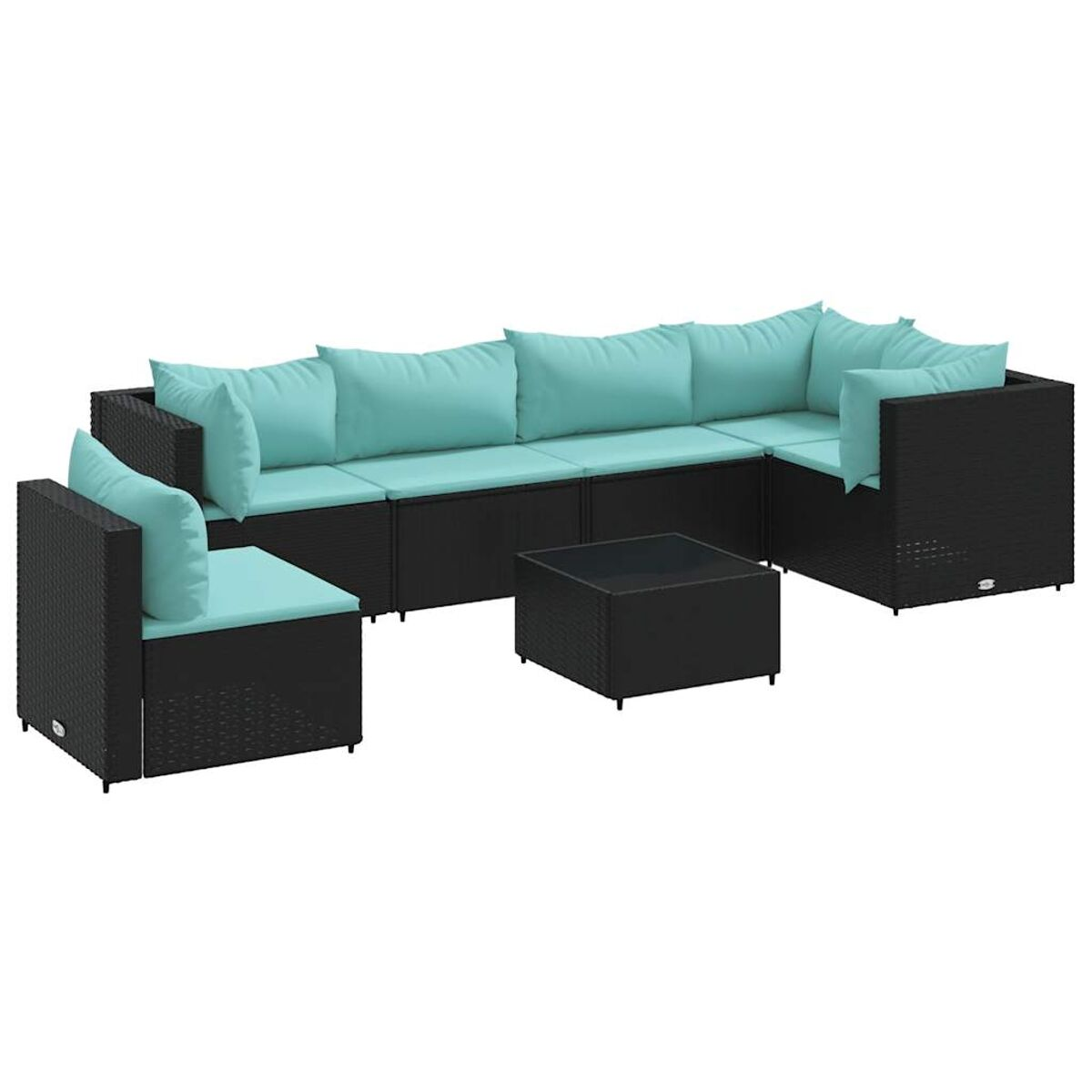 Set da patio in vimini nero con cuscini turchesi. Include divano componibile, poltrona e tavolino.