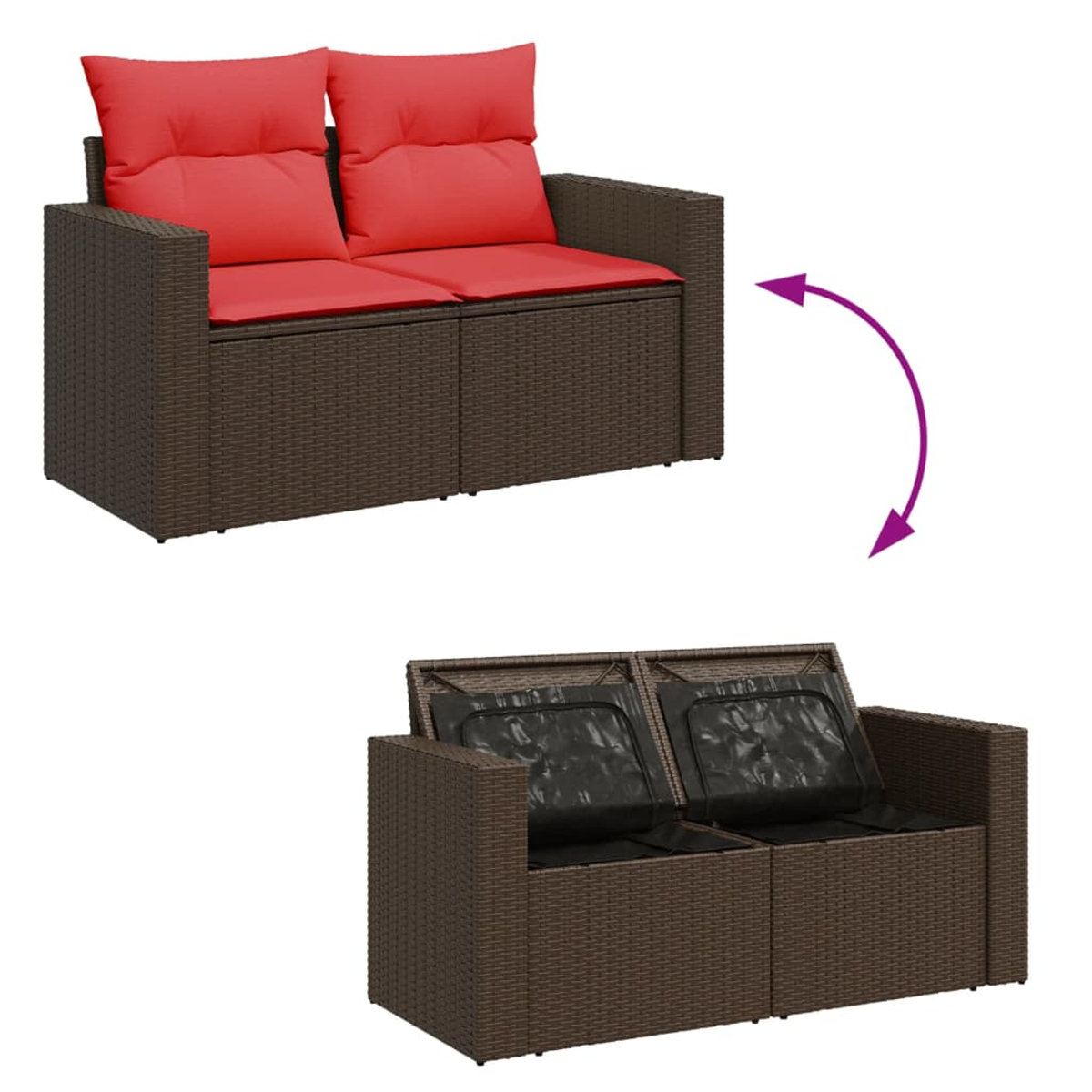 Ein braunes, gewebtes Sofa mit roten Kissen. Die Kissen können entfernt werden, um Stauraum freizulegen.