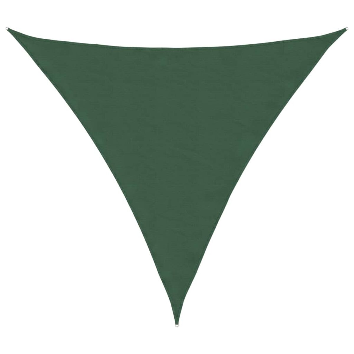 Una tenda da sole triangolare verde, con anelli agli angoli per appenderla. È un design semplice e pulito, adatto per l'uso all'aperto.