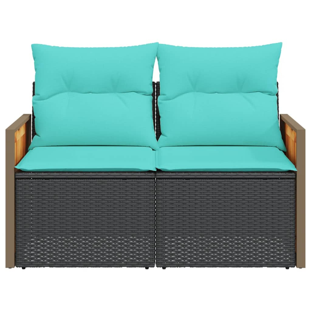 Ein Zwei-Sitzer-Outdoor-Sofa mit türkisfarbenen Kissen und einem dunklen Rattansockel.