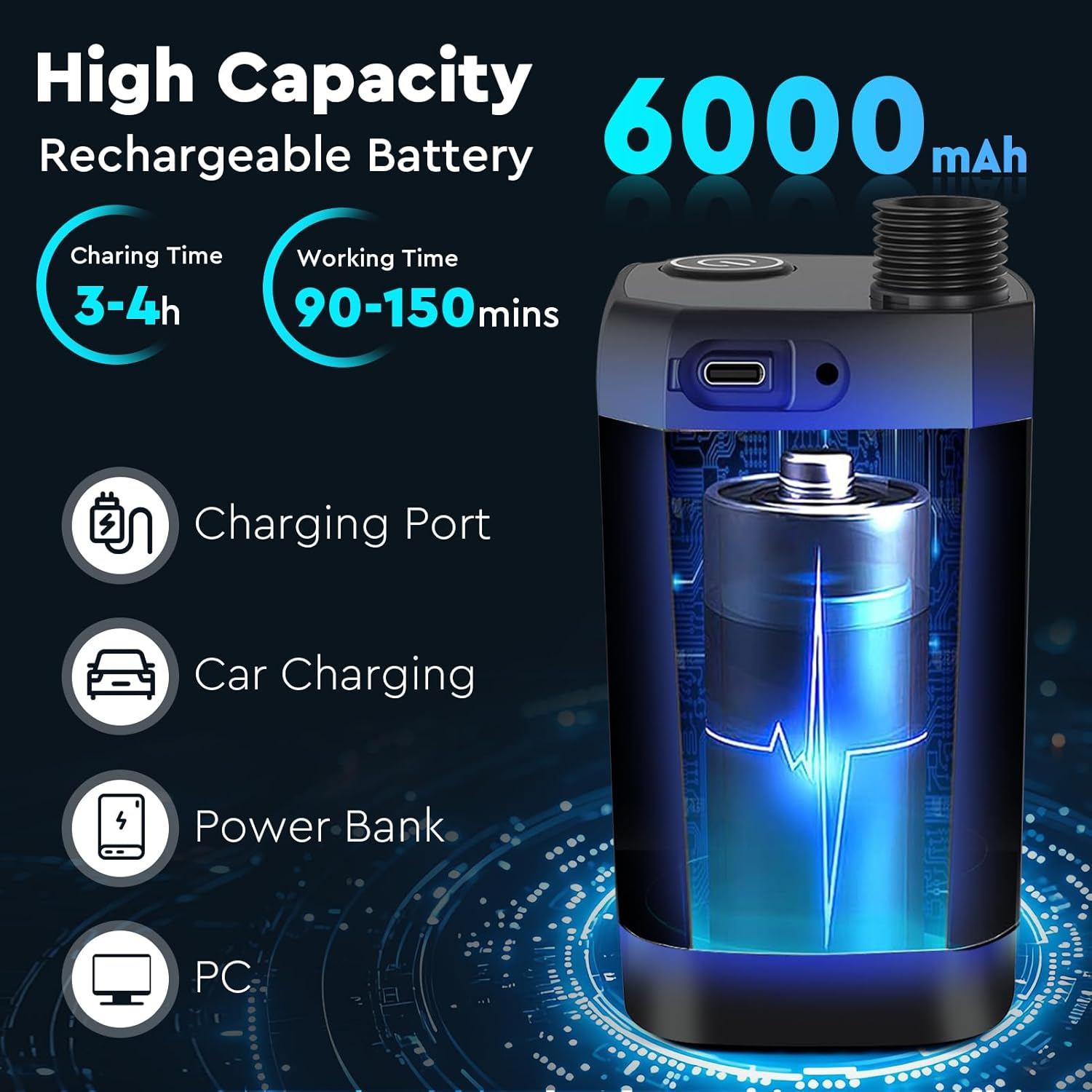 Ein wiederaufladbarer Akku mit Ladeanschluss und 6000 mAh Kapazität, mit blau leuchtendem Innendesign.