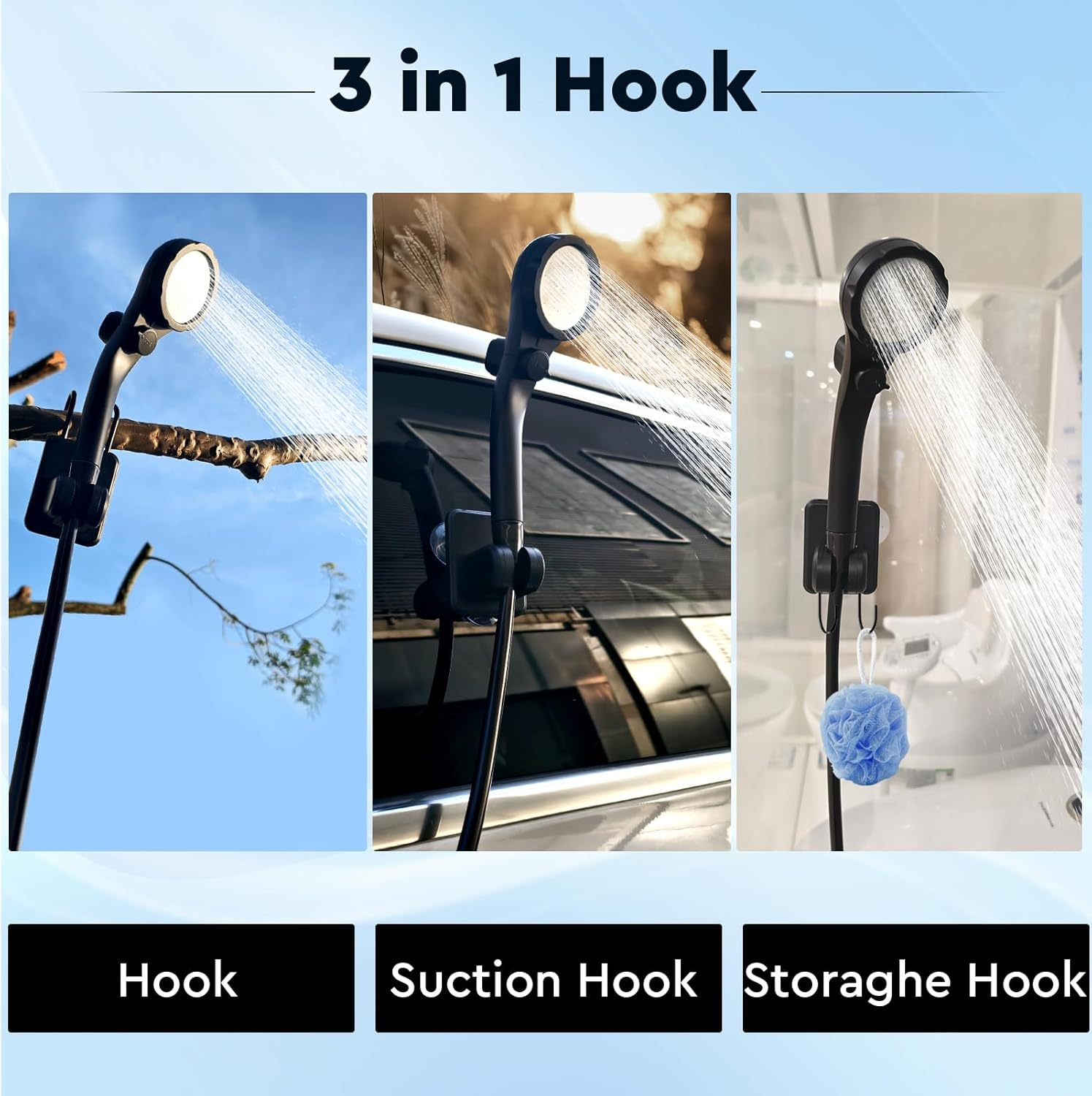 Drei Bilder, die einen 3-in-1-Haken zeigen, der als Haken, Saugnapfhaken und Aufbewahrungshaken mit Wasserspray verwendet wird.