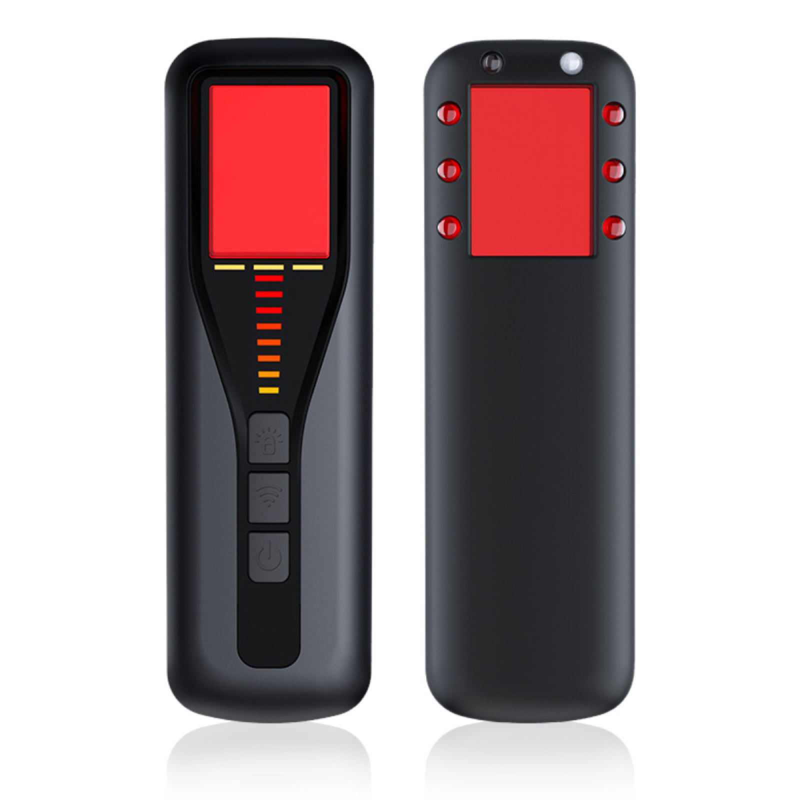 Zwei schwarze Geräte mit roten Displays werden gezeigt. Eines hat Knöpfe und ein Messgerät, das andere rote Lichter.