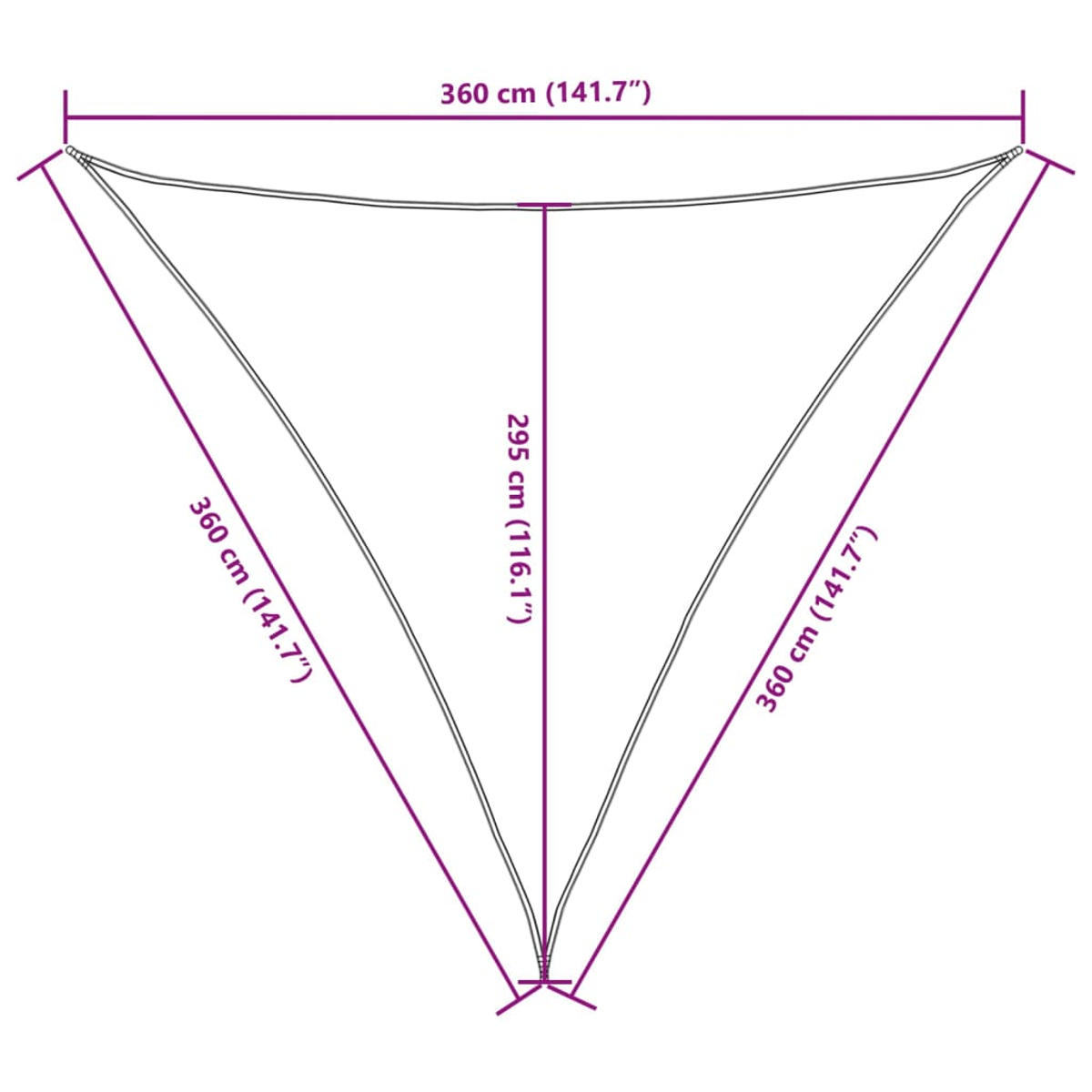 Ein dreieckiges Sonnensegel mit Abmessungen in Zentimetern und Zoll, Diagramm auf weißem Hintergrund.