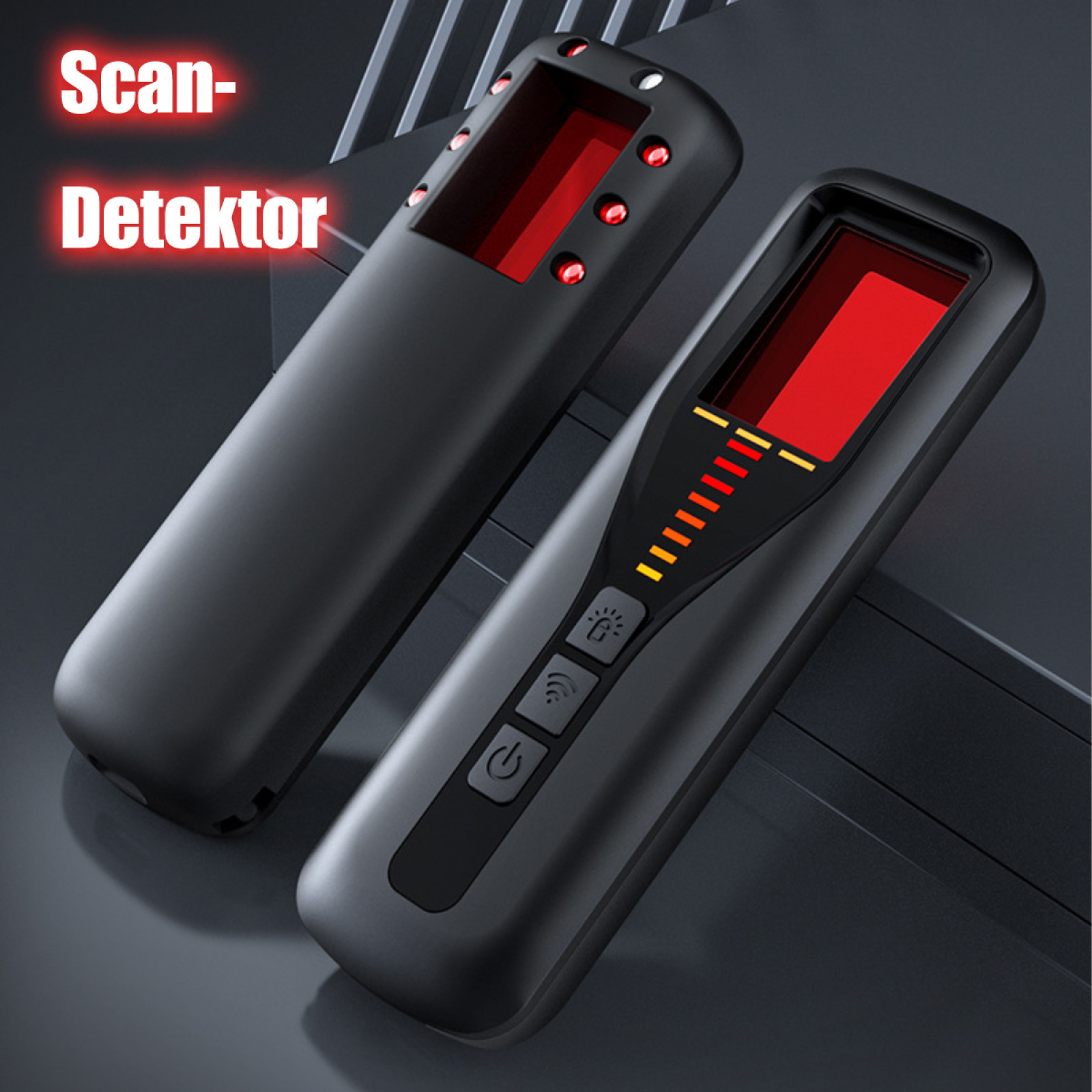 Zwei schwarze Detektoren mit roten Lichtern. Das Wort 'Scan-Detektor' steht links oben.