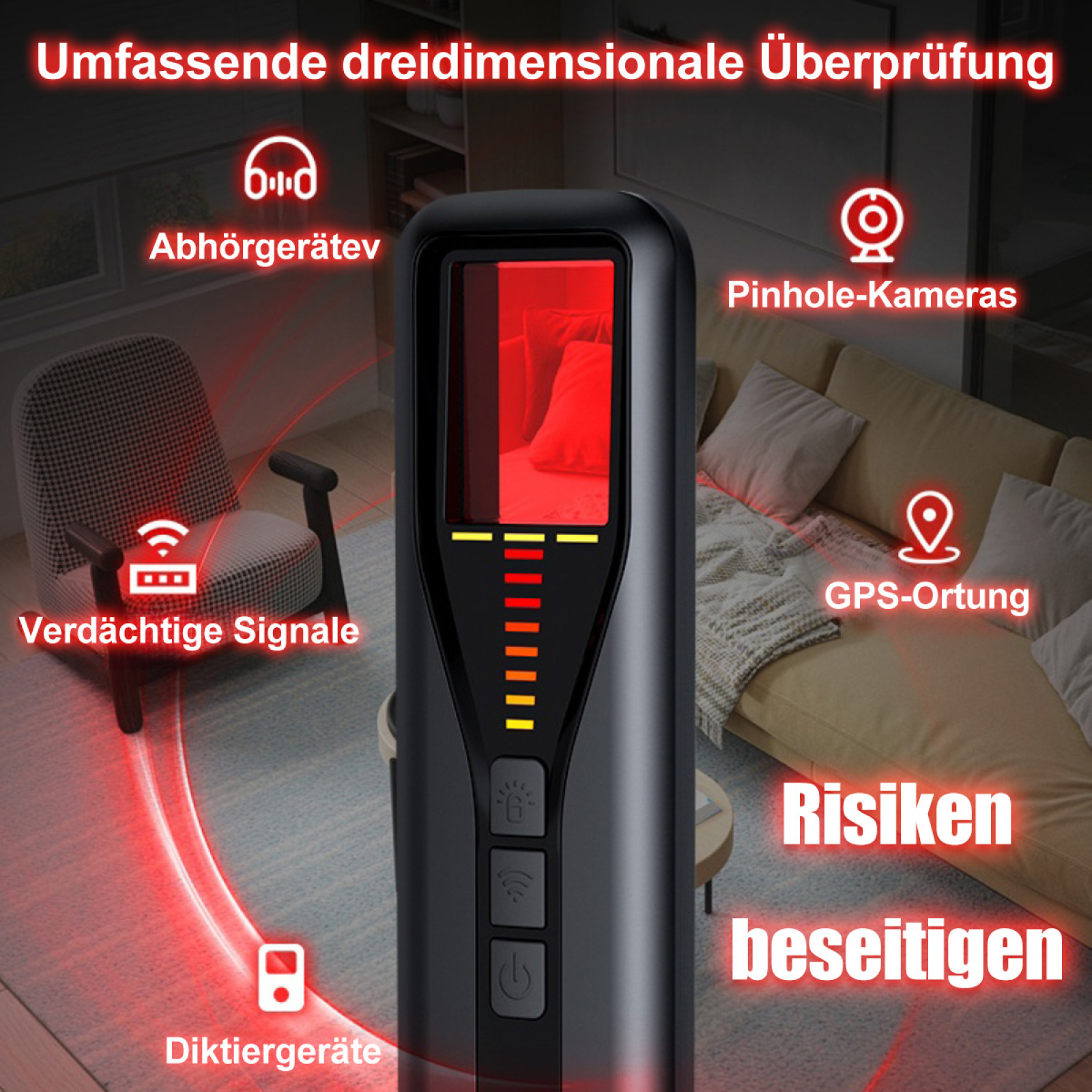 Diagramm eines schwarzen Geräts mit roter Anzeige. Deutscher Text und Symbole werden angezeigt. Ein Sofa ist im Hintergrund.