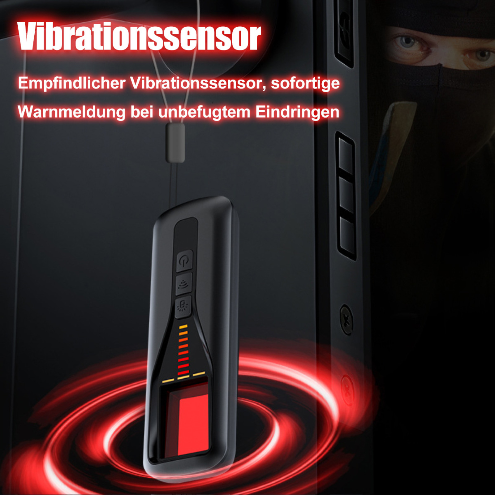 Schwarzer Detektor mit rotem Licht, gehalten von einer Hand. Text: 'Vibrationssensor' und Beschreibungen.