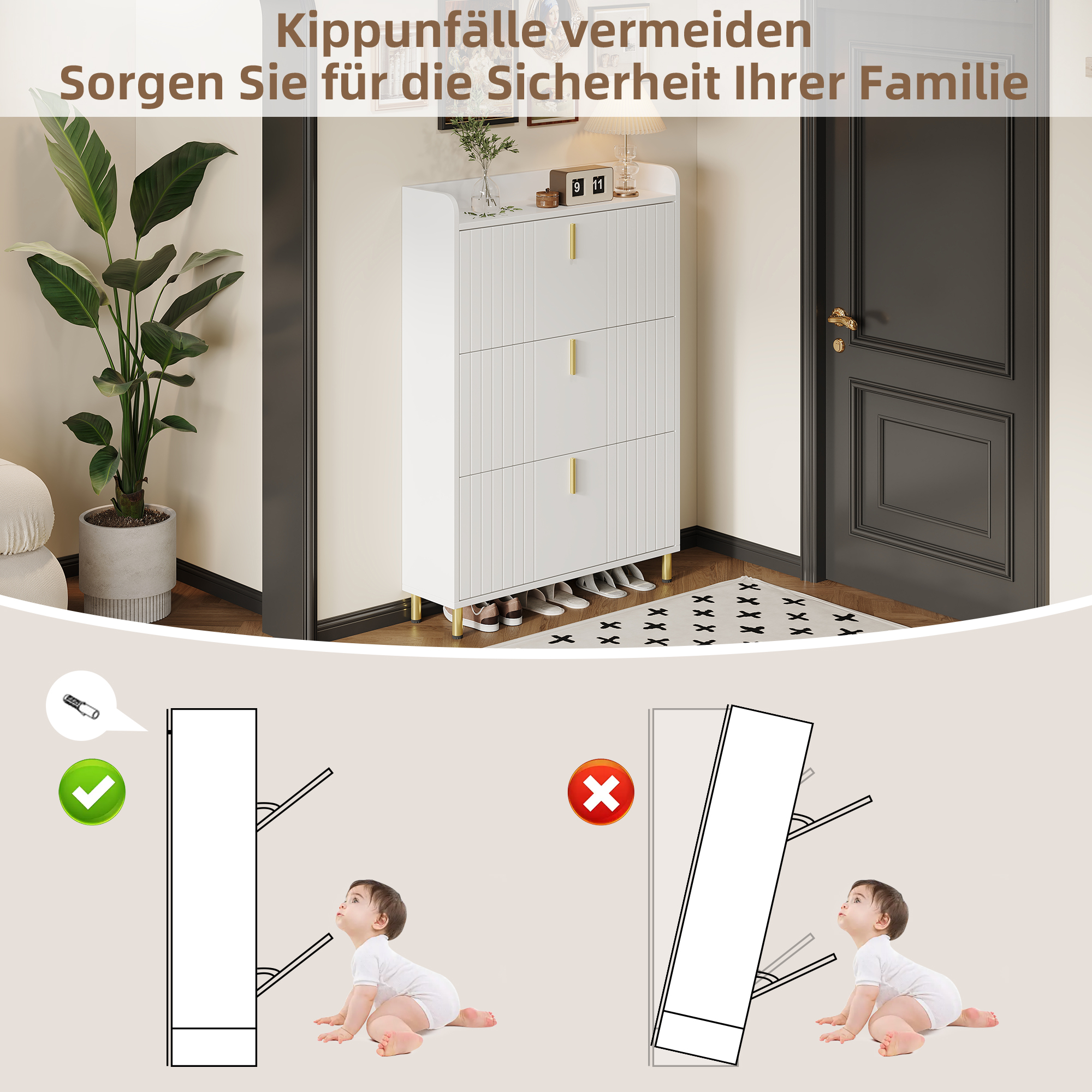 Ein weißer Schuhschrank mit drei Türen, goldenen Griffen und einer Sicherheitsgrafik mit einem Baby.