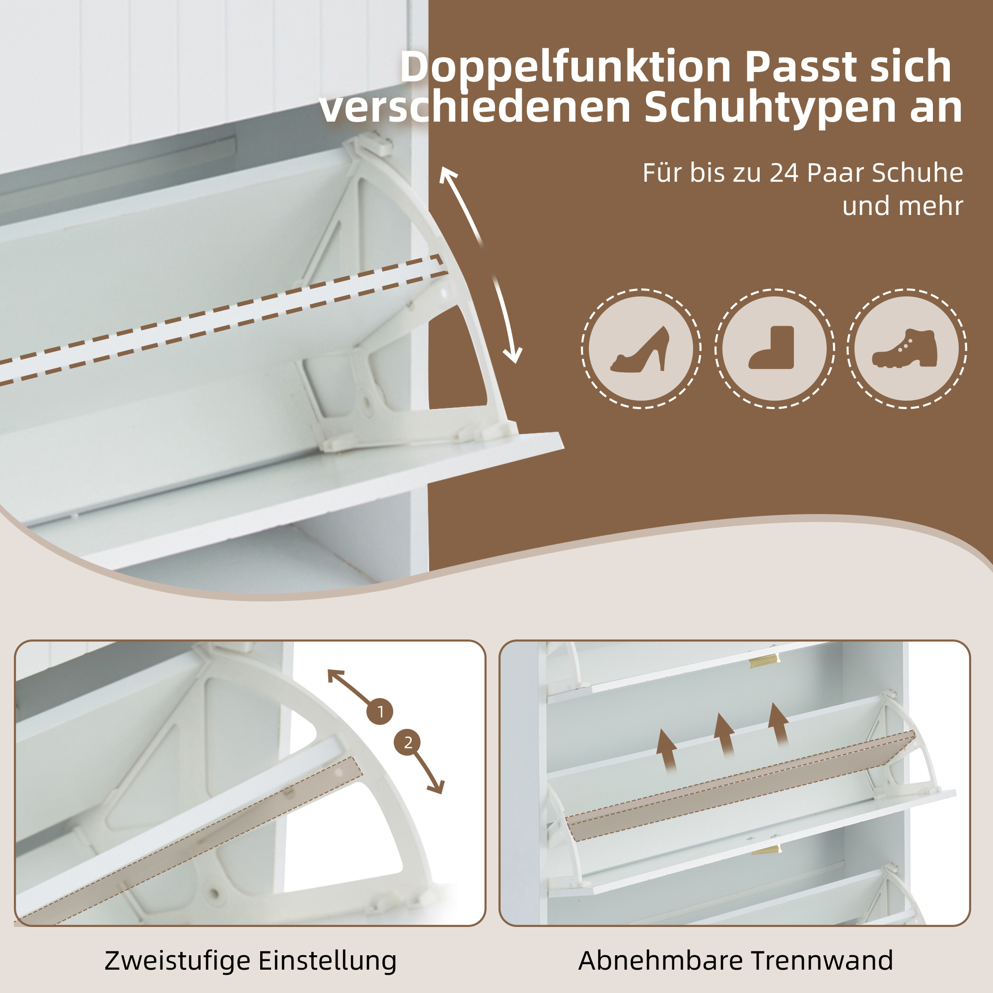 Weißer Schuhschrank mit offenen Fächern. Zeigt verstellbare Regale und Schuhsymbole.
