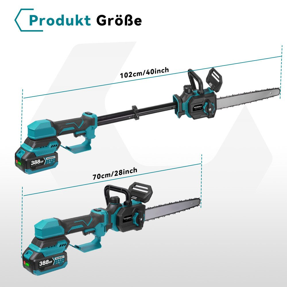 Zwei Kettensägen mit Maßangaben. Die obere ist 102 cm/40 Zoll, die untere 70 cm/28 Zoll.