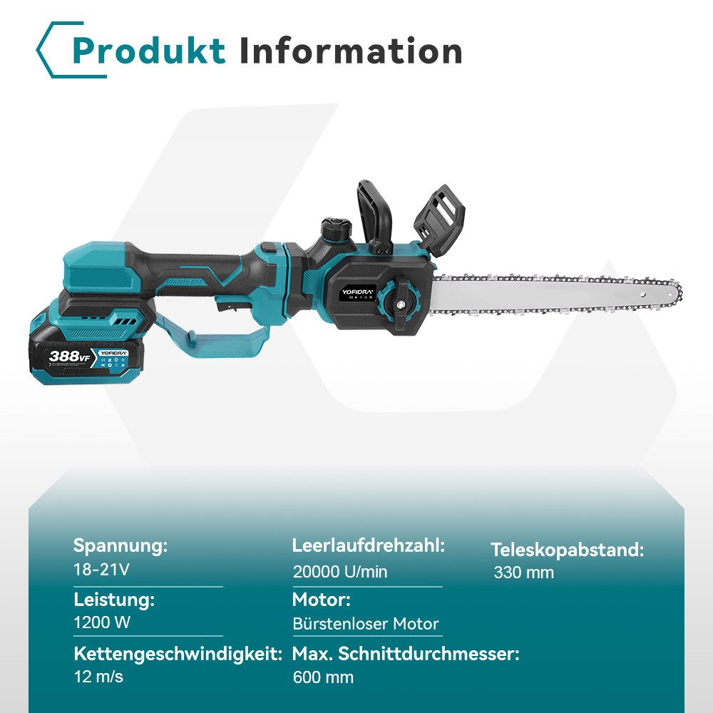 Eine türkis-schwarze Kettensäge mit unten aufgeführten Spezifikationen. Zeigt die Kettensäge und ihre Merkmale.