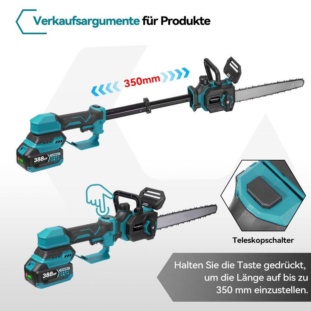 Zwei Kettensägen, türkis und schwarz. Eine mit verlängertem Arm. Text und Handsymbol zur Einstellung.