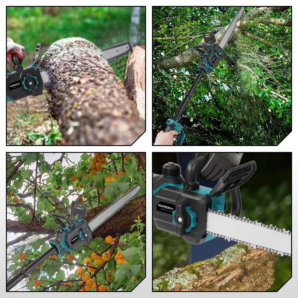 Vier Bilder, die die Kettensäge im Einsatz zeigen: beim Schneiden eines Baumstamms, Astes und Stamms.