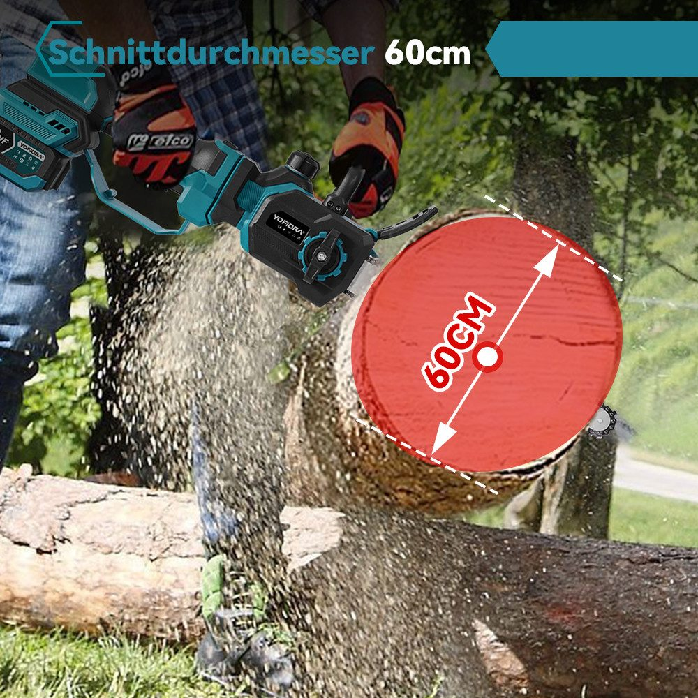 Eine Person schneidet einen Baumstamm mit einer türkis-schwarzen Kettensäge. Ein Durchmesser von 60 cm wird hervorgehoben.
