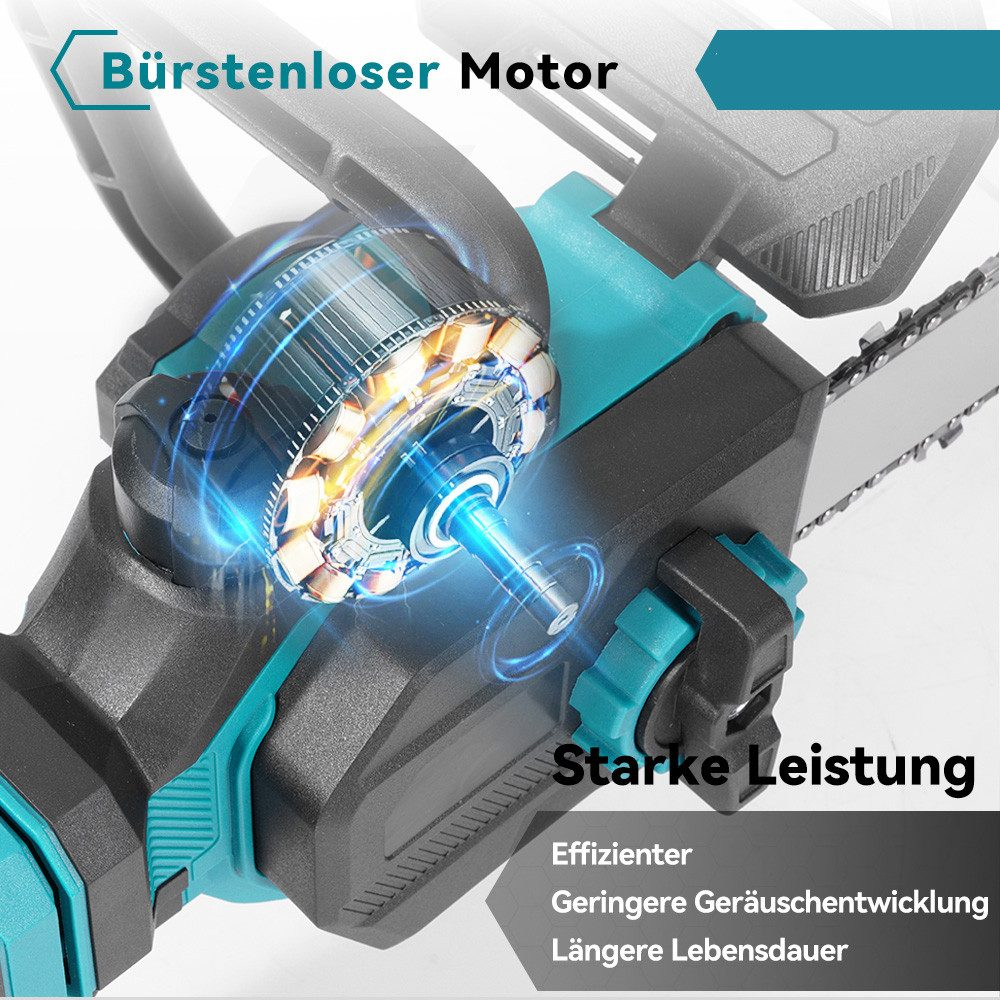 Nahaufnahme eines Kettensägenmotors. Türkis-schwarzes Gehäuse mit leuchtenden blauen Energieeffekten.