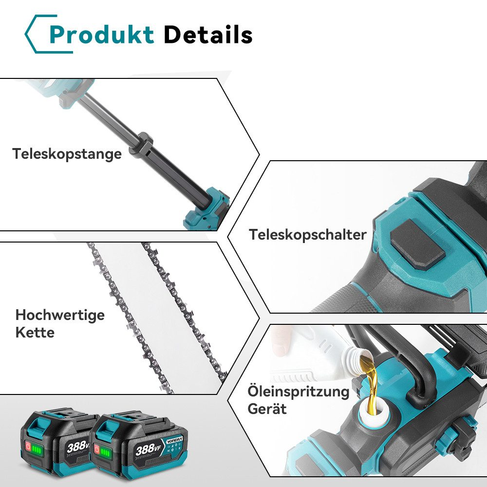 Kettensägen-Details. Teleskopstange und Schalter, Kette, Öleinspritzung und Batterien werden gezeigt.