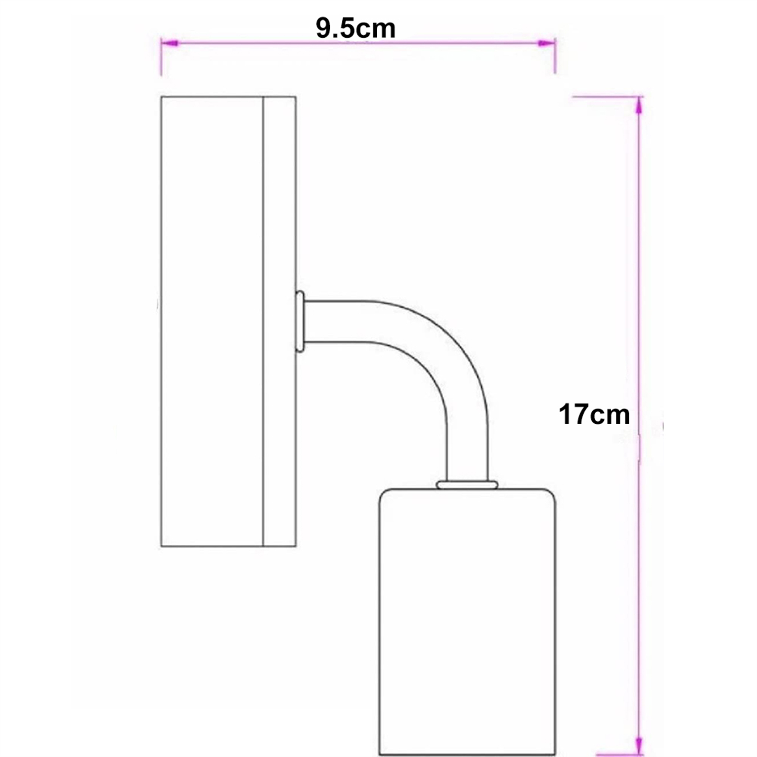 Diagramm einer Wandleuchte. Abmessungen: 9,5 cm breit, 17 cm hoch. Quadratischer Sockel, gebogener Arm und zylindrischer Kopf.