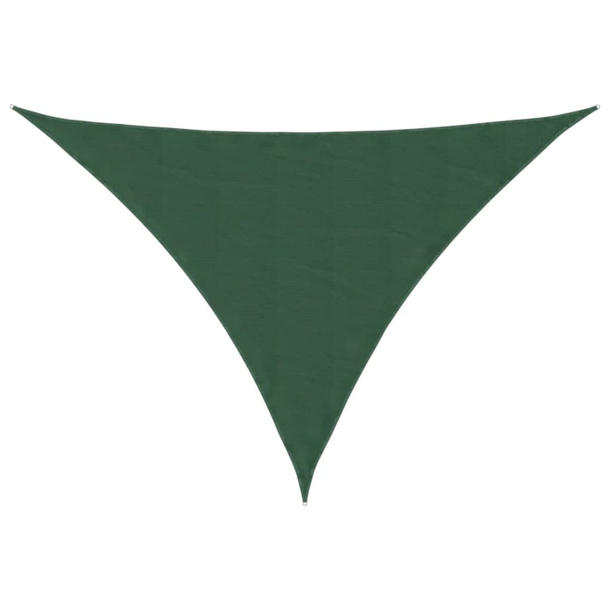 Un parasole triangolare verde scuro. È sospeso da tre punti. Cielo bianco visibile sullo sfondo.