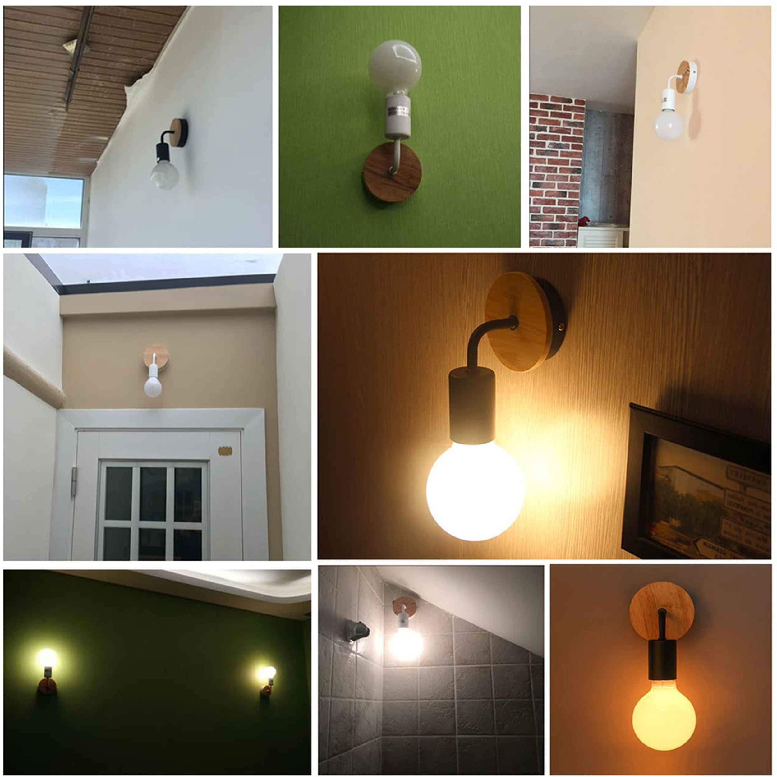 Eine Collage verschiedener Wandleuchten mit runden Glühbirnen. Sie haben Holz- oder Metallakzente.