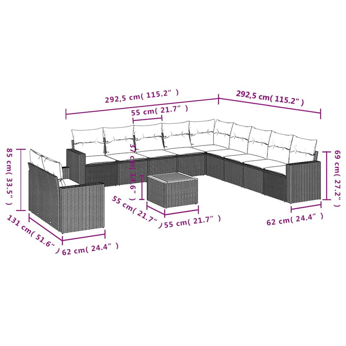 Ein Diagramm zeigt die Abmessungen eines Outdoor-Sofa-Sets aus Rattan mit Kissen und einem Couchtisch.