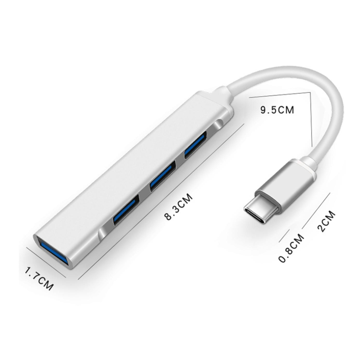 Ein silberner USB-Hub mit 4 Anschlüssen und einem Typ-C-Anschluss, mit Abmessungen in Zentimetern.
