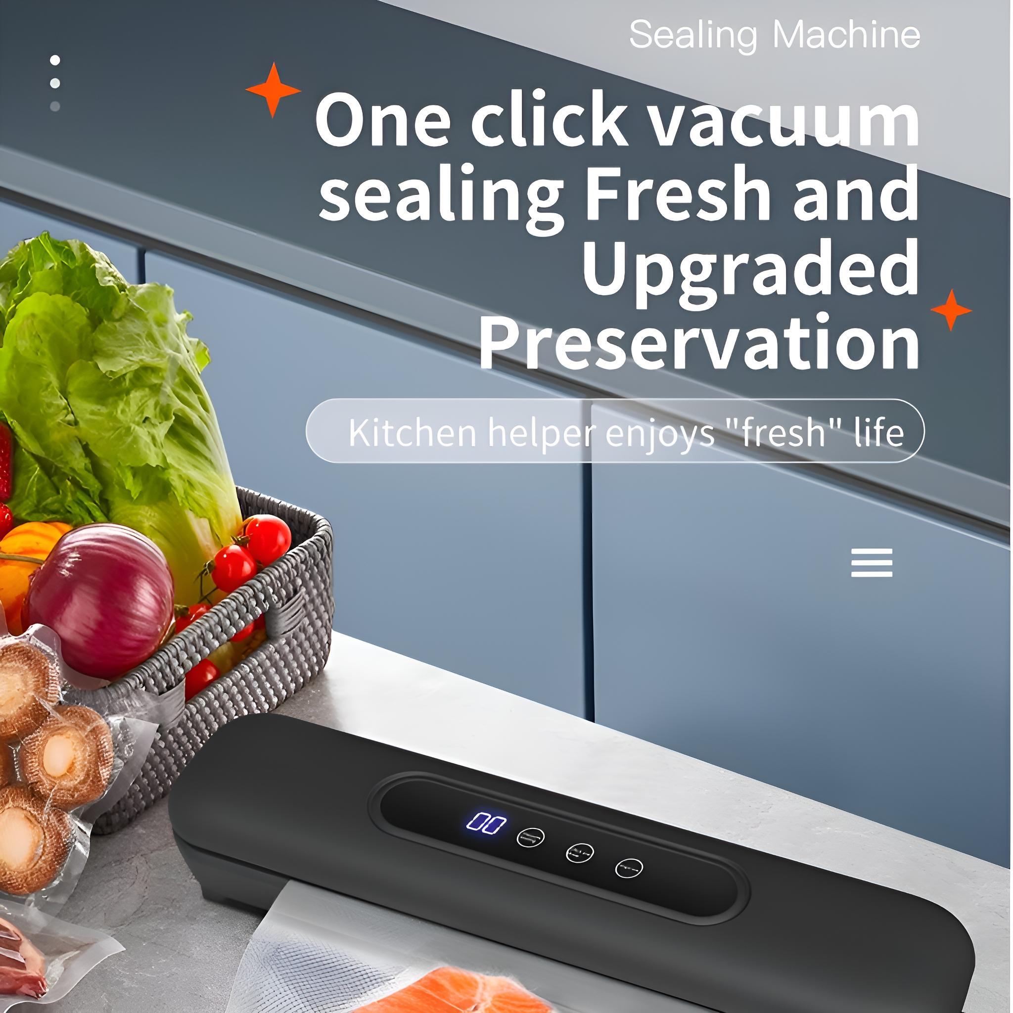Ein Vakuumiergerät mit versiegelten Artikeln. Text oben bewirbt das Produkt.