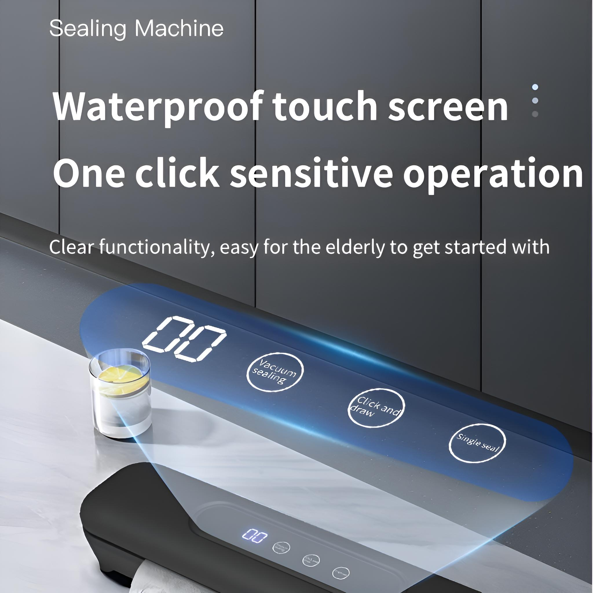 Eine Versiegelungsmaschine mit Digitalanzeige, Touchscreen und Tasten. Im Vordergrund befindet sich ein Glas mit gelber Flüssigkeit.