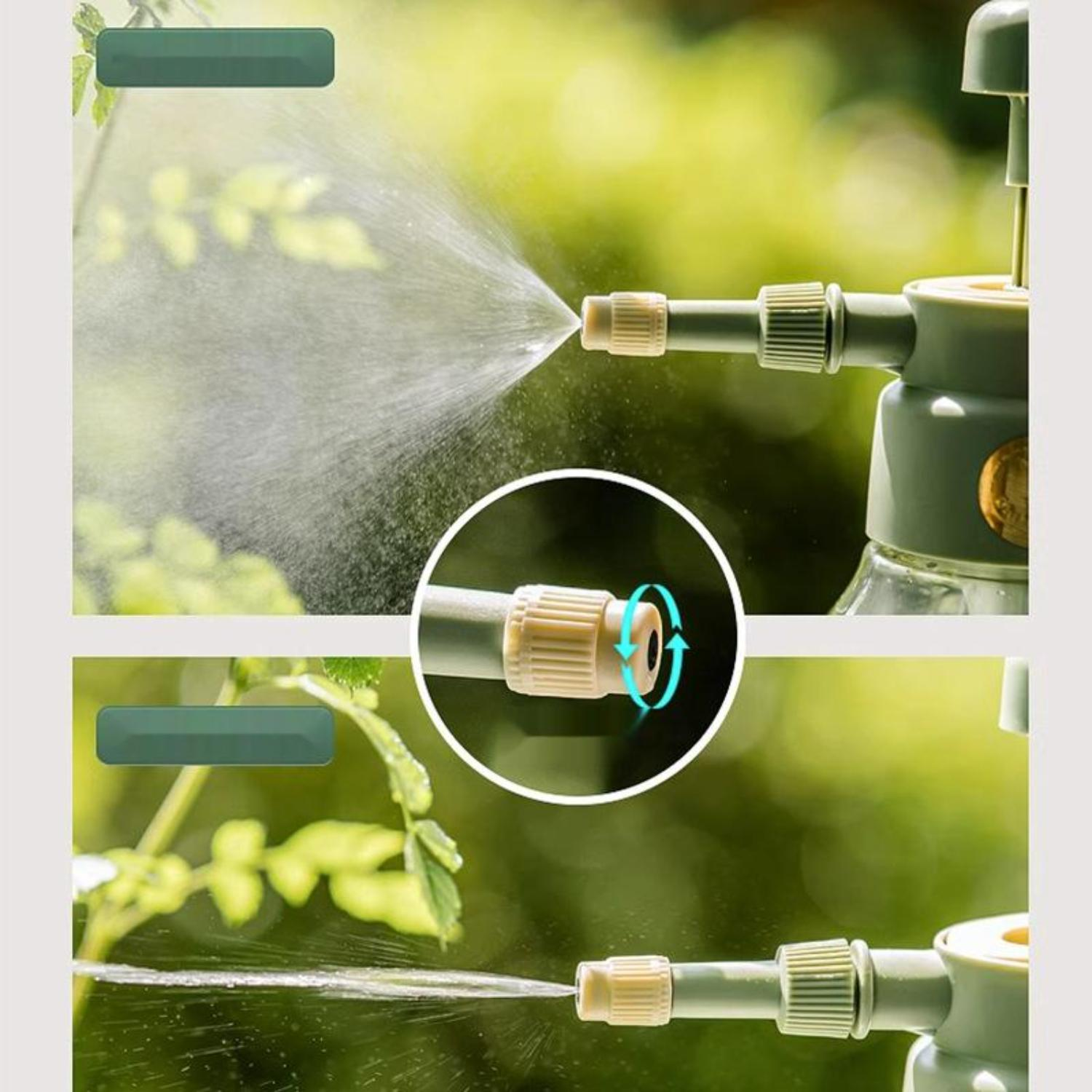 Nahaufnahme einer Sprühflasche, die Wasser sprüht, mit Fokus auf Düse und Wasserstrahl.