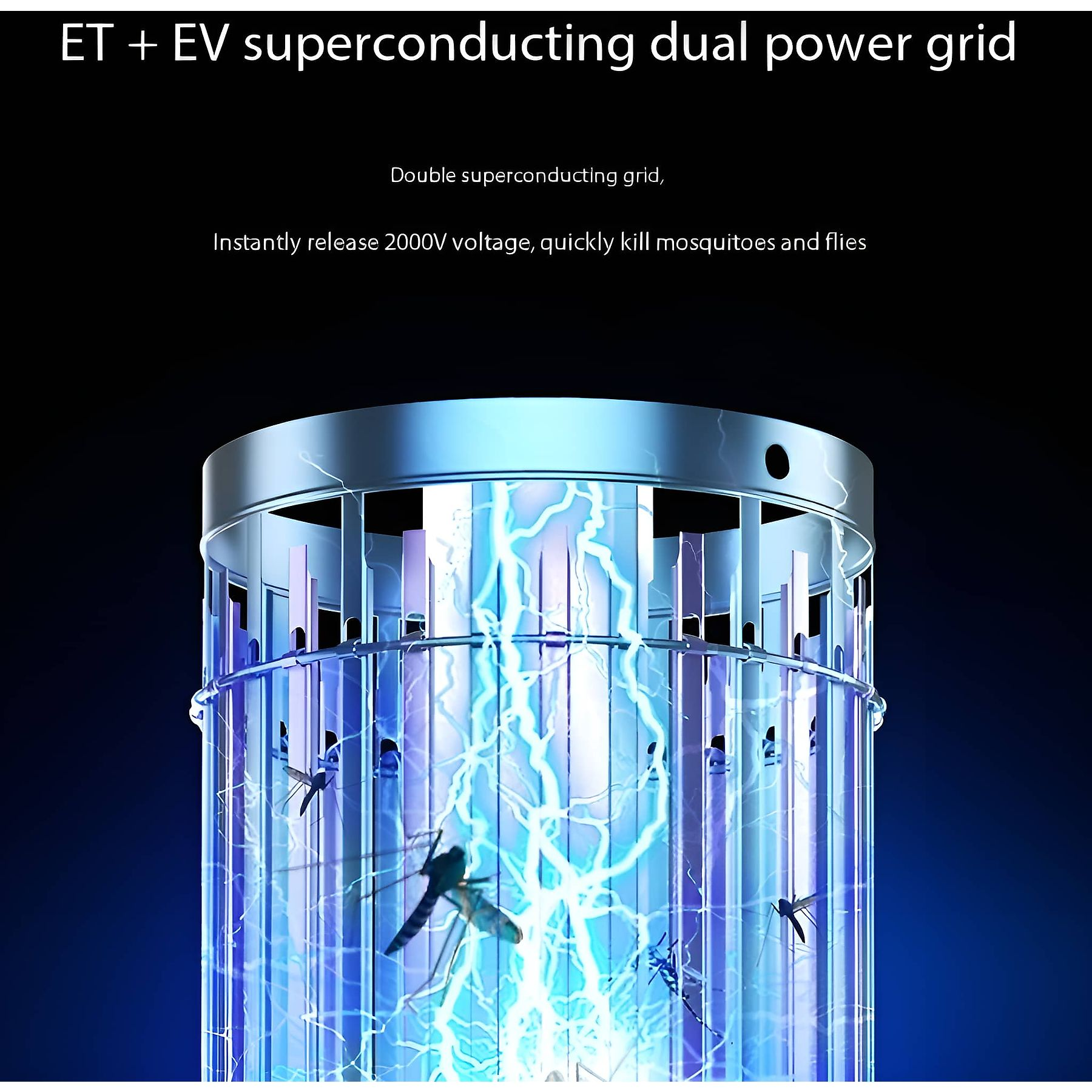 Ein elektrischer Mückenvernichter mit blauem Licht und Blitzeffekt, umgeben von Mücken.