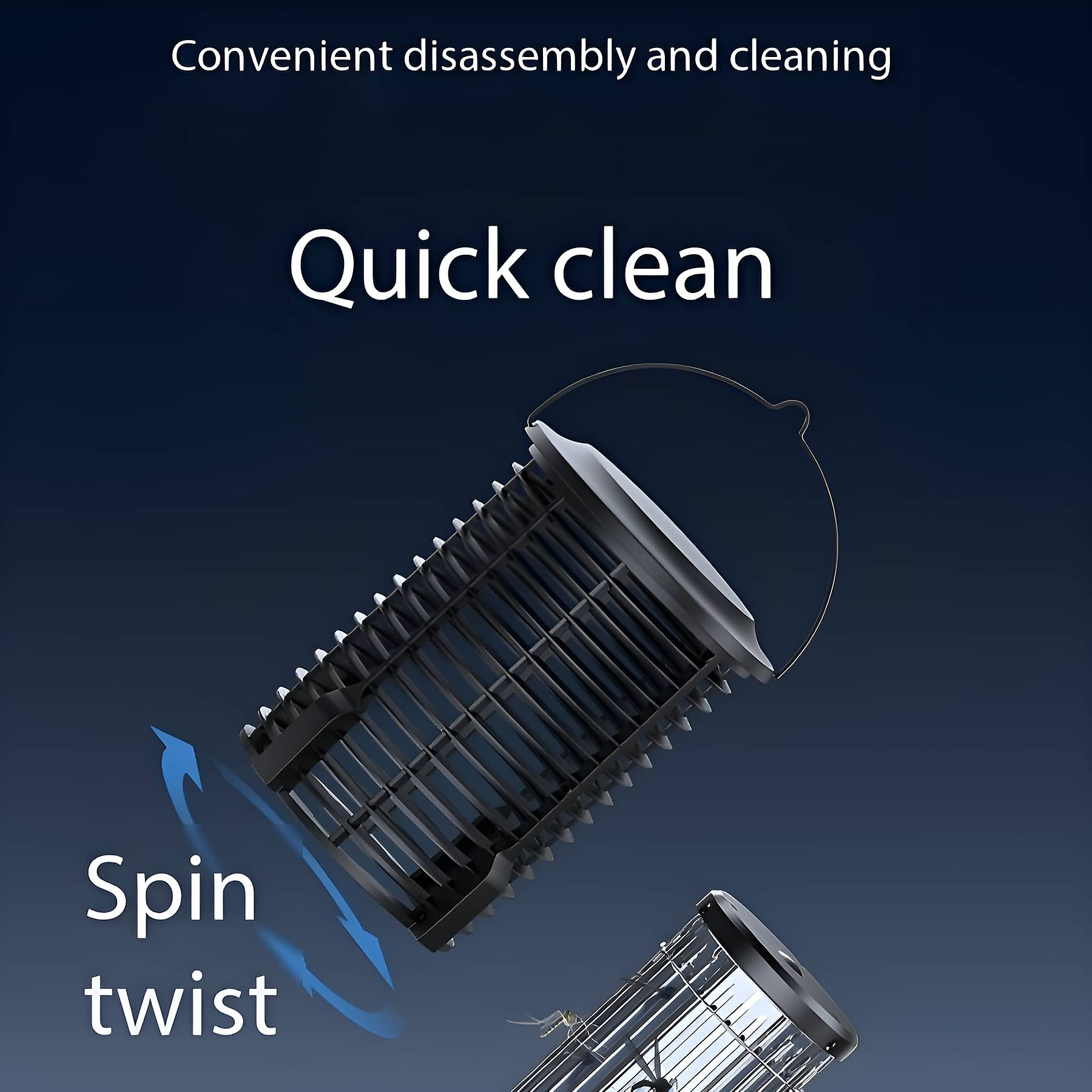Eine schräge Ansicht eines zerlegten Insektenvernichters mit Text: Quick Clean, Spin Twist.