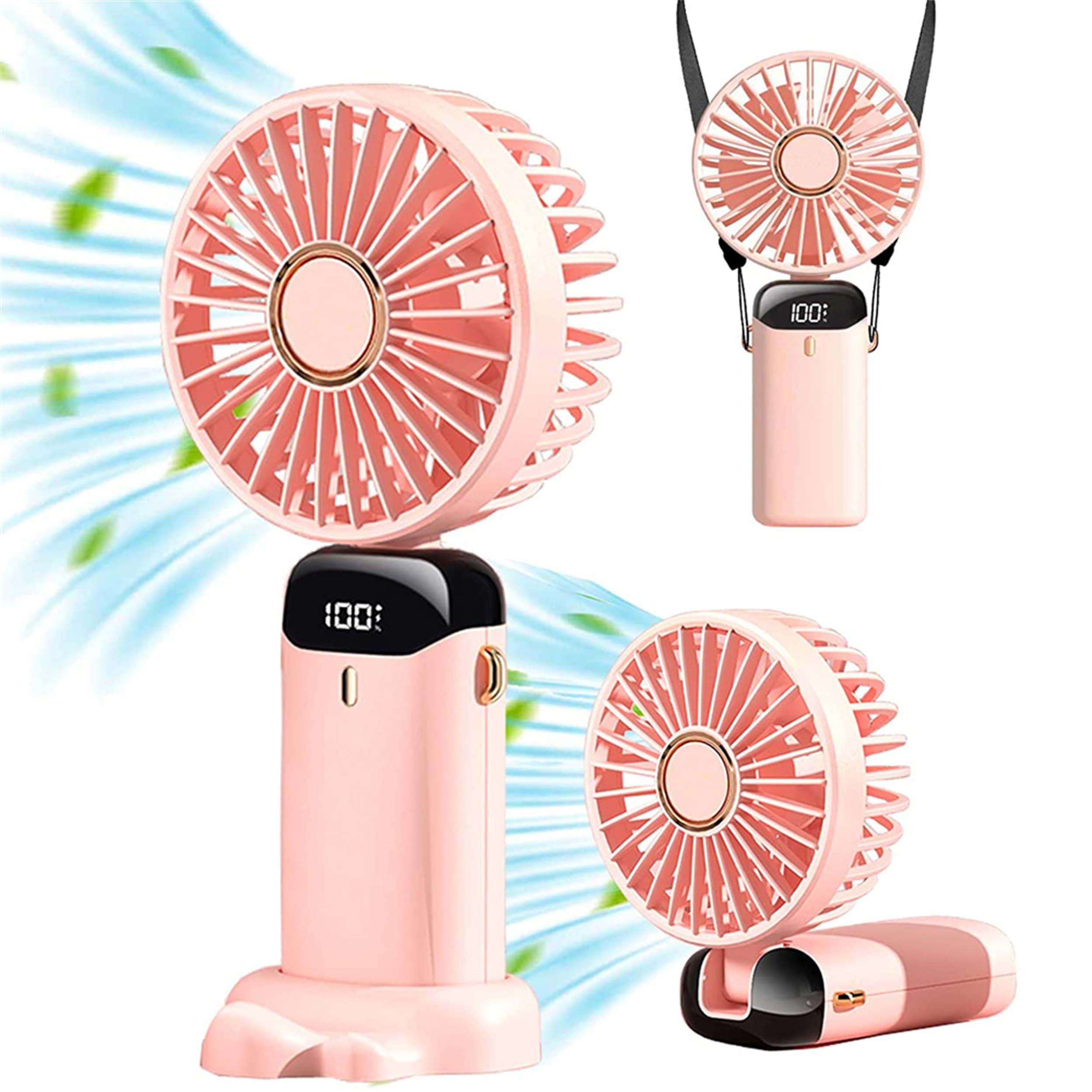 Mehrere pinkfarbene tragbare Ventilatoren mit Digitalanzeigen, die Akkulaufzeit anzeigen.