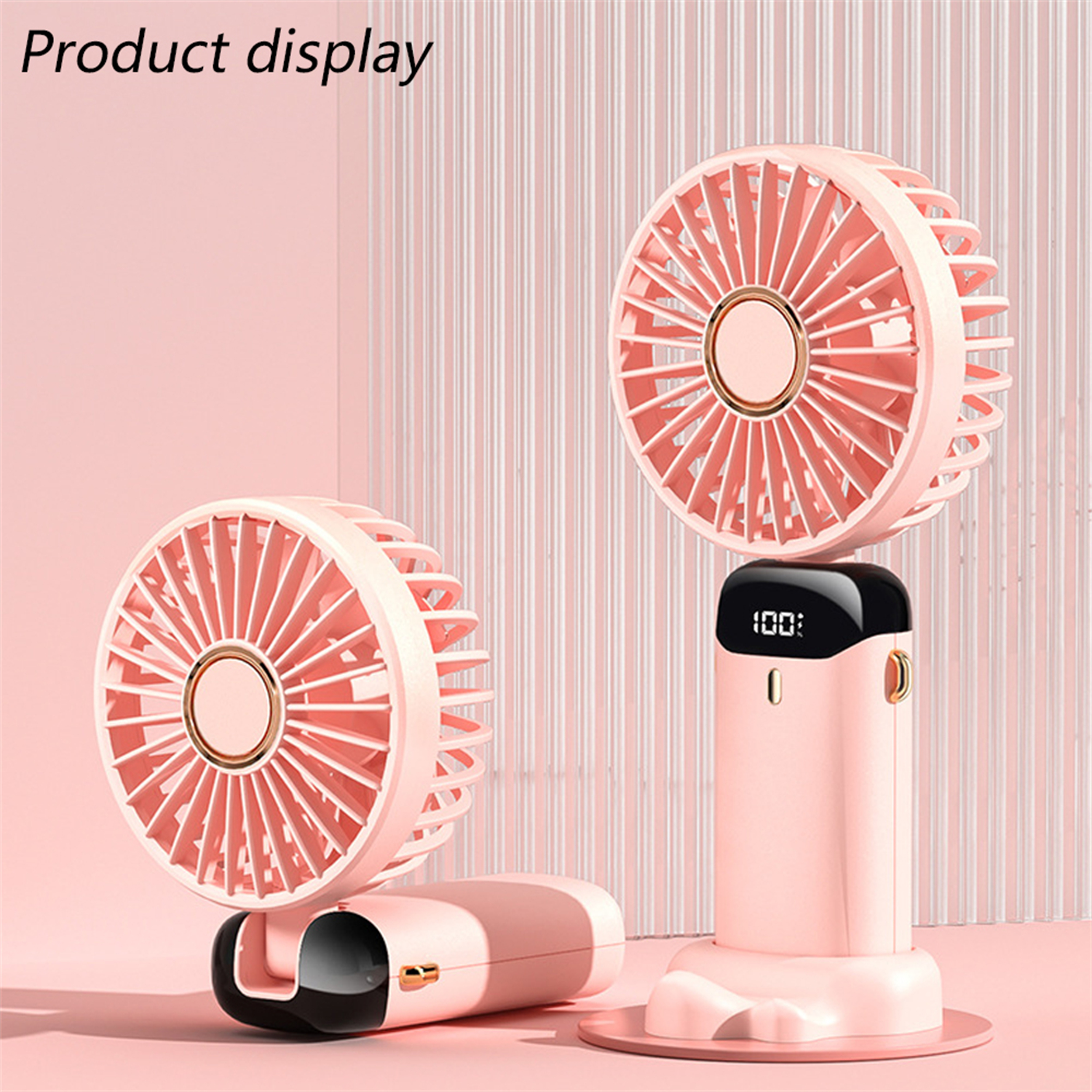 Pinkfarbene tragbare Ventilatoren mit Digitalanzeigen und Windgeschwindigkeiten.