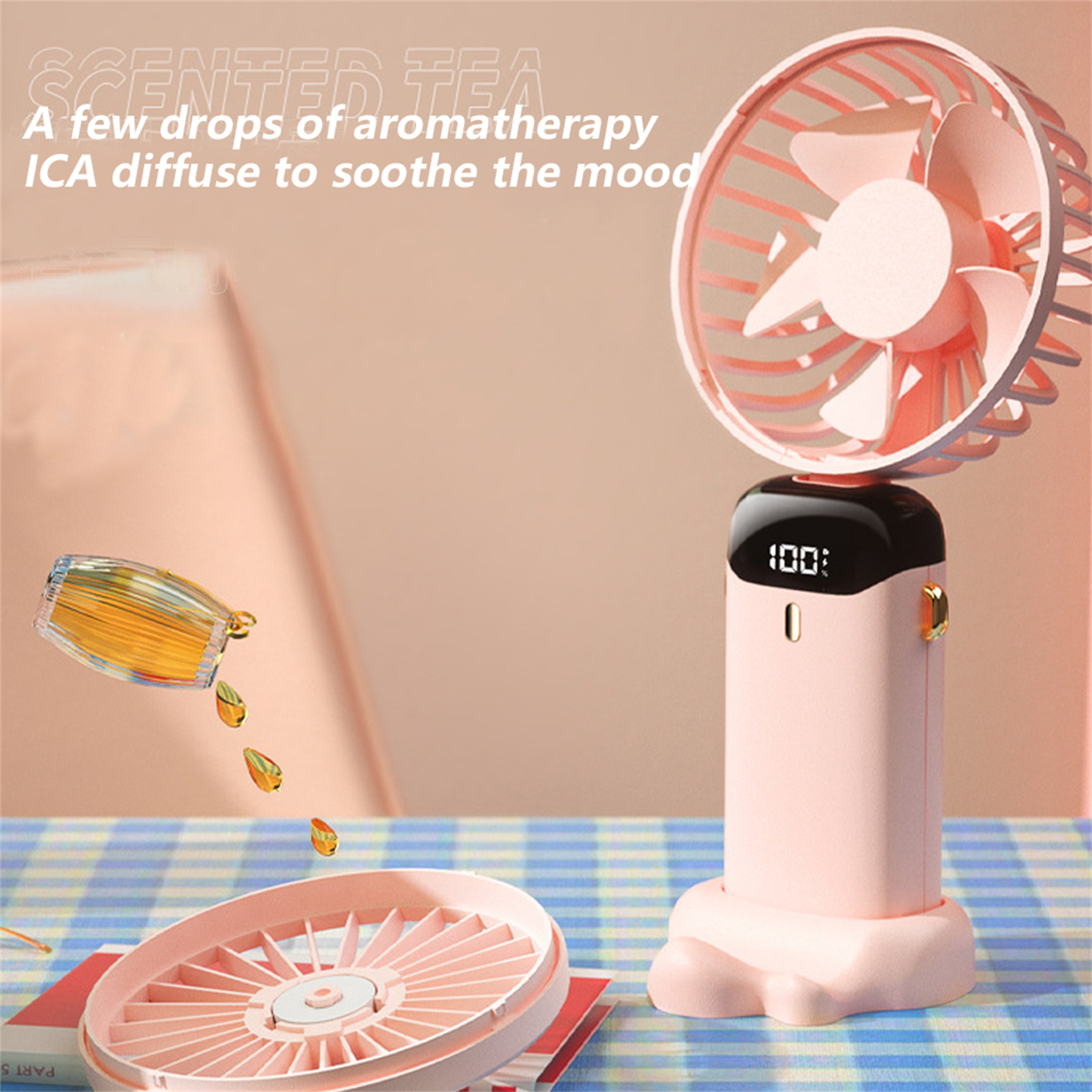 Rosa tragbarer Ventilator mit Aromatherapie, kleiner Ventilatorkopf mit Flügeln und Digitalanzeige.
