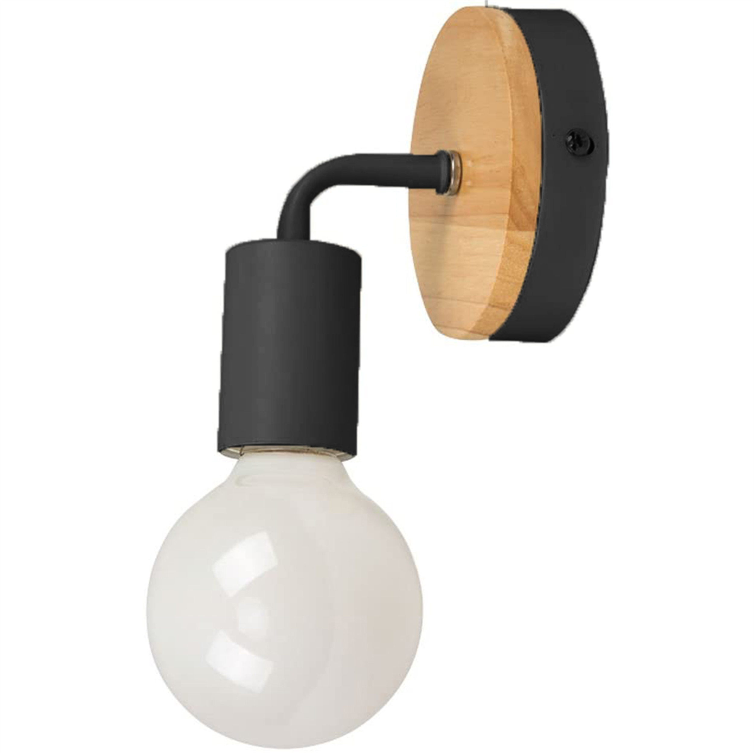 Wandlampe mit schwarzem und hölzernem Design, mit einer Glühbirne und einem runden Sockel.