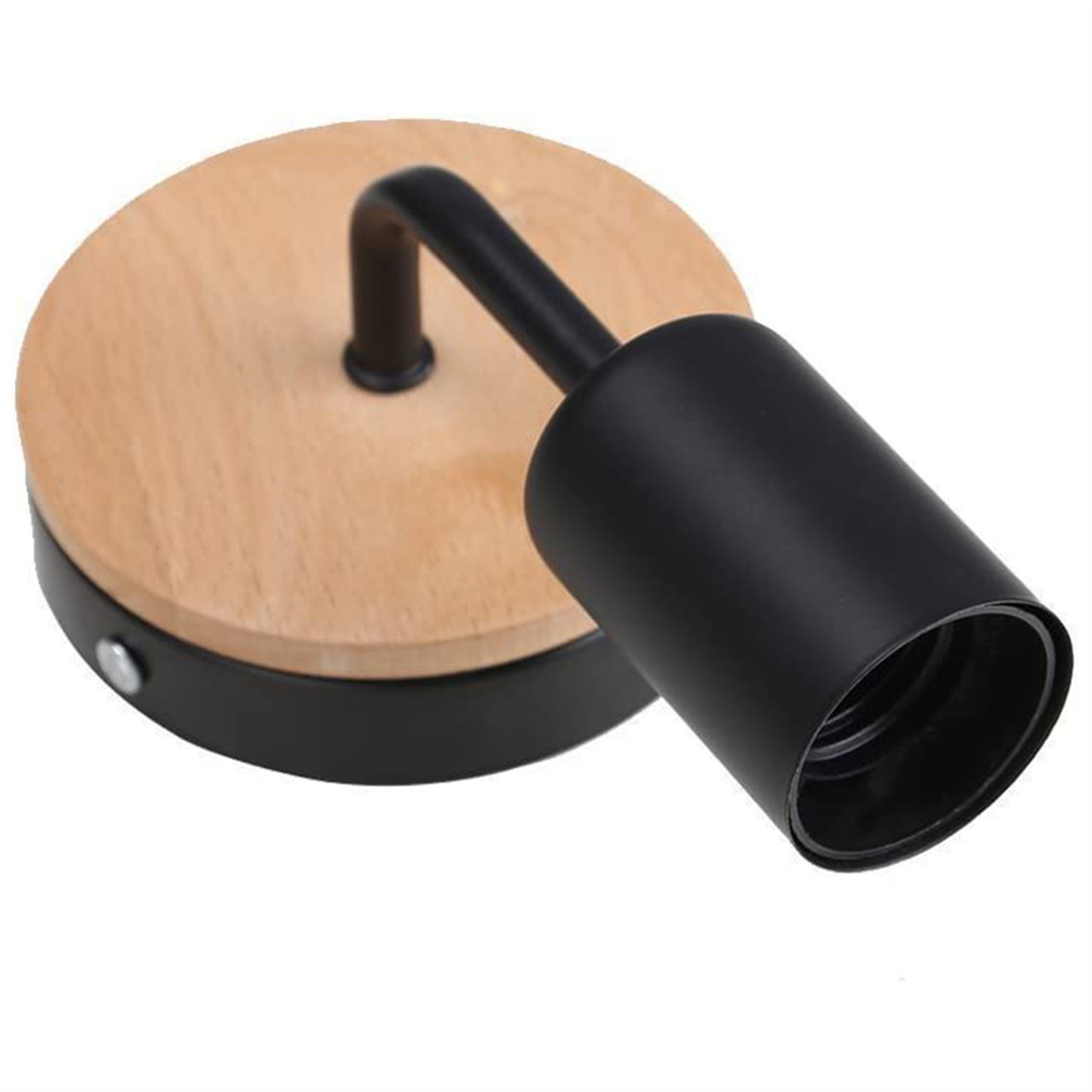 Wandleuchte mit schwarzem Arm und Holzsockel.