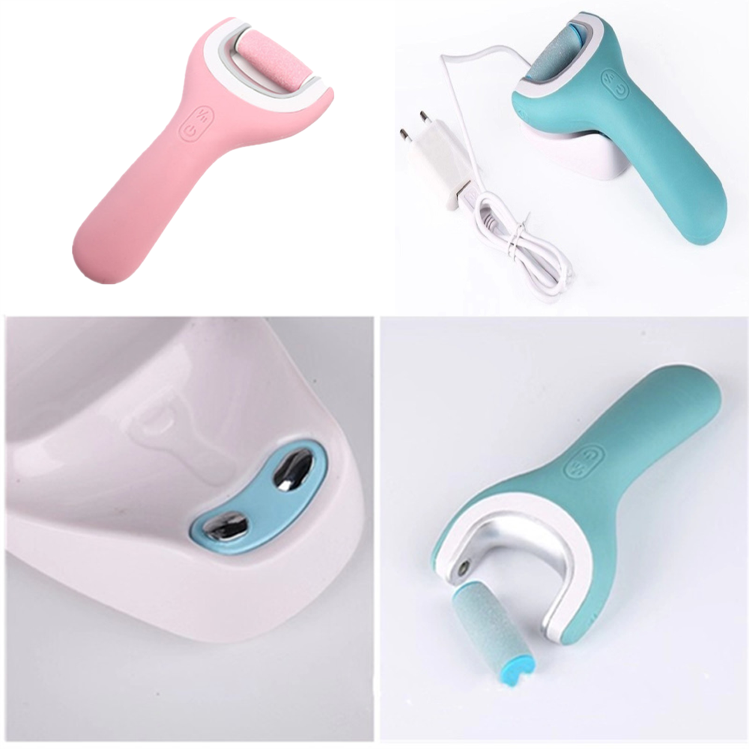 Fußpflegegerät, rosa und türkis, mit Rolle.
