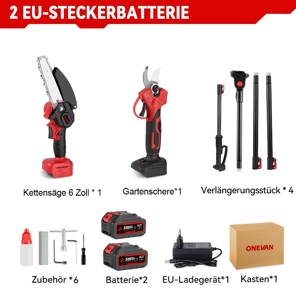 Ein Werkzeugsatz mit Kettensäge, Astschere, Verlängerungsstücken, Batterien und Zubehör.