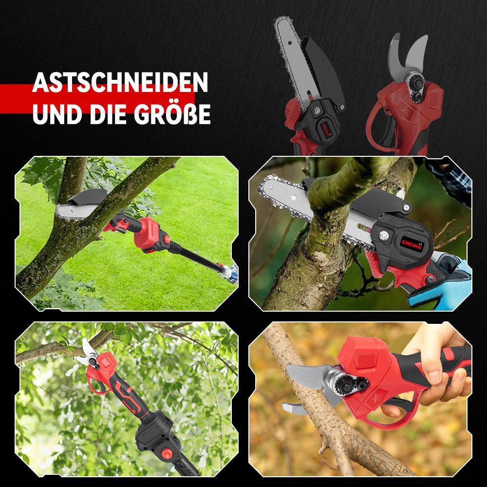 Eine Collage zeigt das Kettensägenwerkzeug beim Schneiden von Ästen in verschiedenen Szenarien. Werkzeug und Äste stehen im Mittelpunkt.