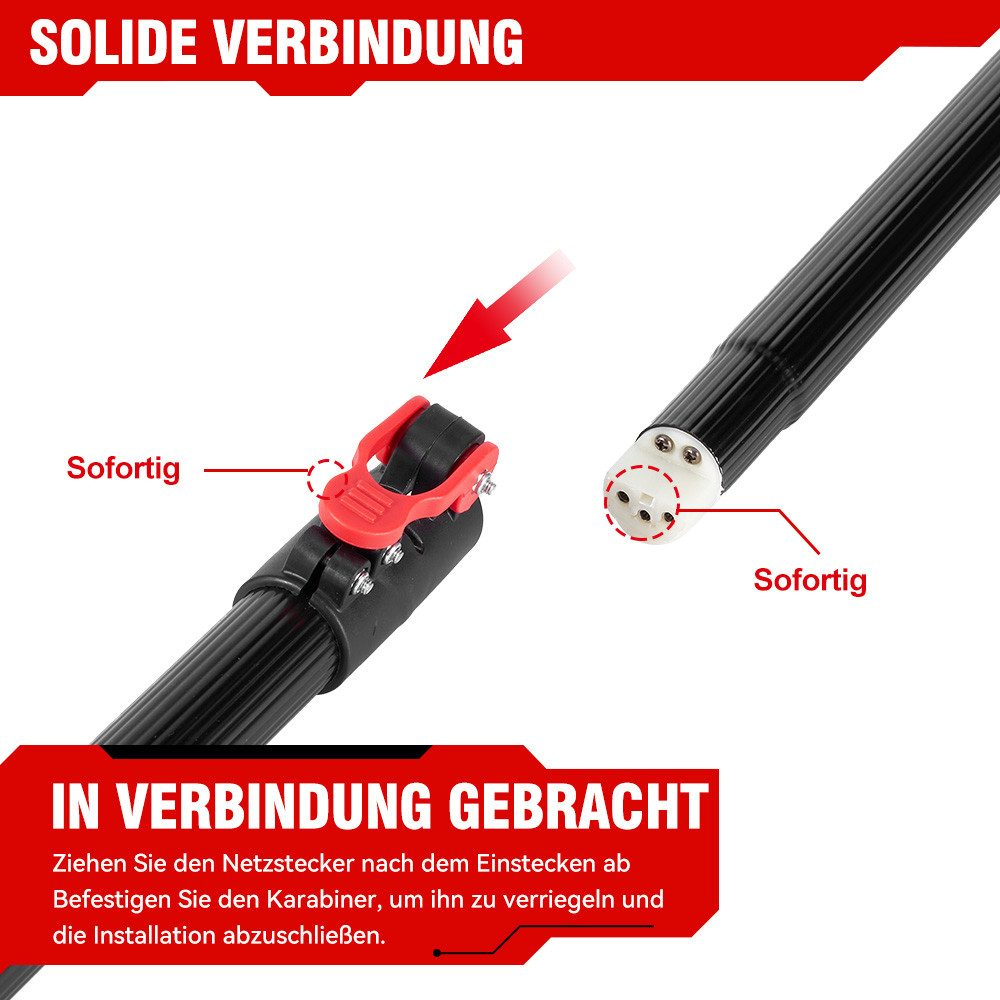 Nahaufnahme eines Werkzeuganschlussdetails, das einen roten Verriegelungsmechanismus und einen Anschluss mit drei Stiften zeigt.