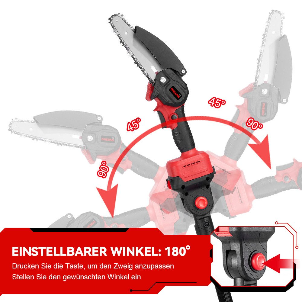 Ein Elektrowerkzeug mit Kettensägenkopf, das verstellbare Winkel demonstriert, mit Pfeilen, die den Bewegungsbereich bei 45 und 90 Grad anzeigen.