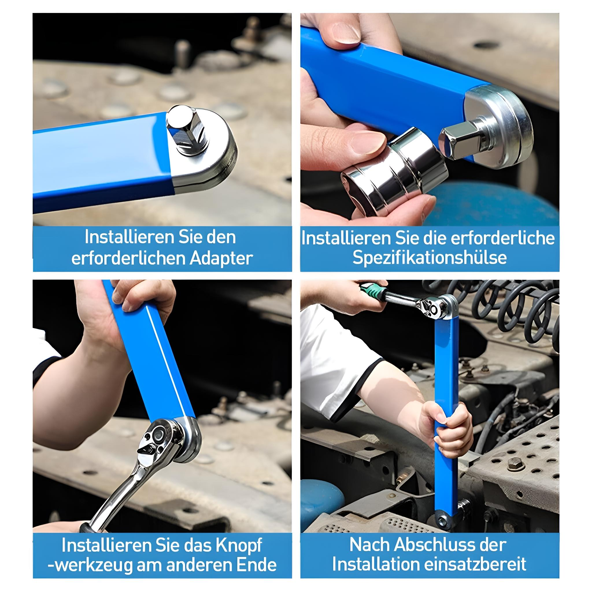 Vier Bilder, die die Verwendung eines Werkzeugs detailliert beschreiben, einschließlich Adapterinstallation und Montageschritten mit Etiketten.