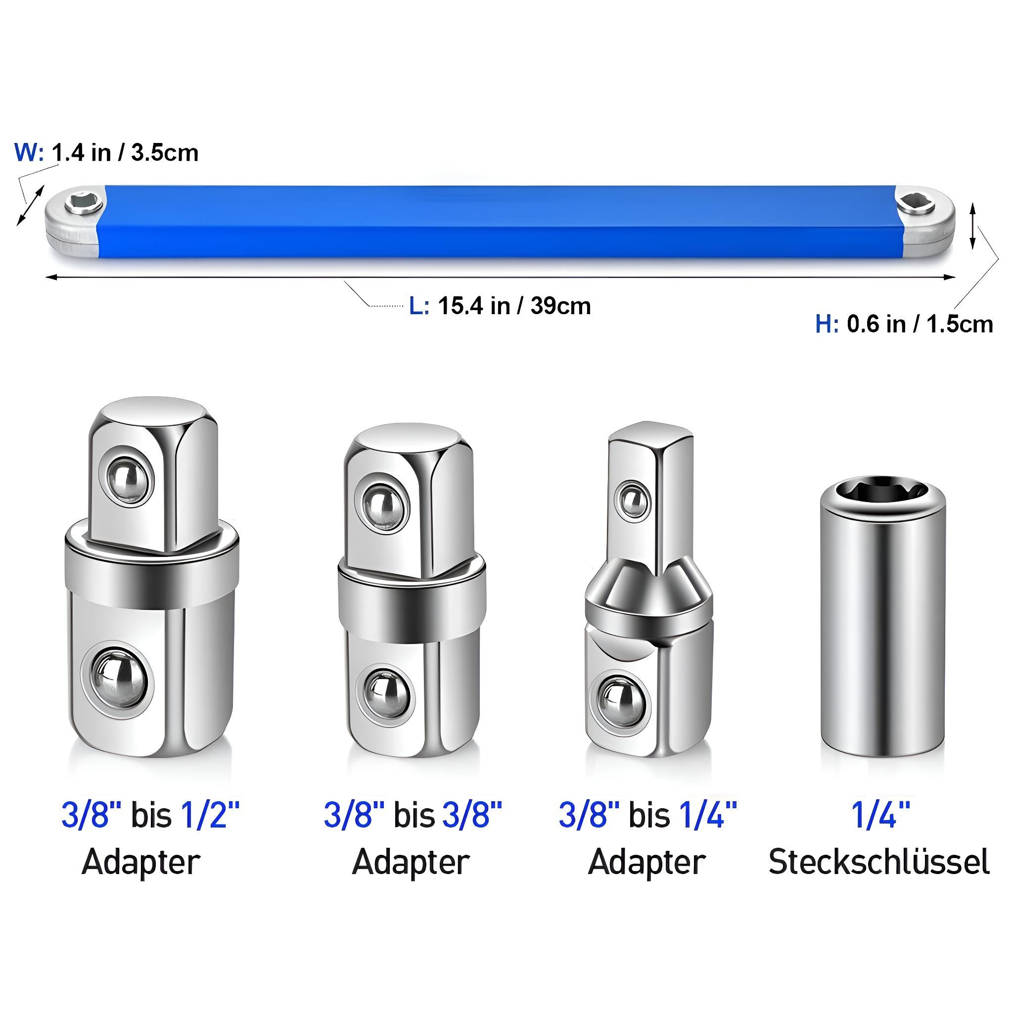 Ein Satz Adapter und ein Schraubenschlüssel mit beschrifteten Abmessungen. Enthält 3/8 bis 1/2, 3/8 bis 3/8, 3/8 bis 1/4 und 1/4 Steckschlüssel.
