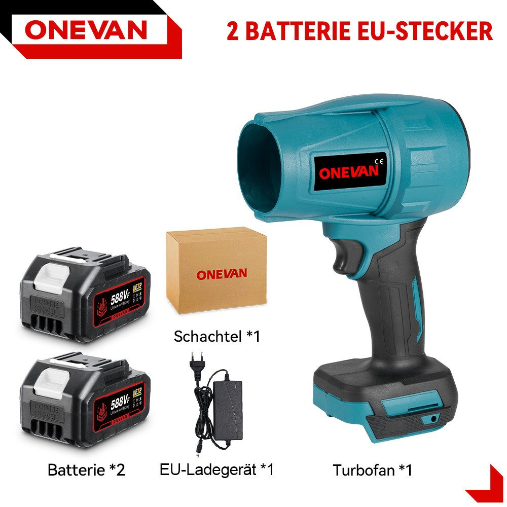 Ein türkisblaues, kabelloses ONEVAN-Gebläse mit Akkus, Ladegerät und Box, beschriftet mit Text auf Deutsch.